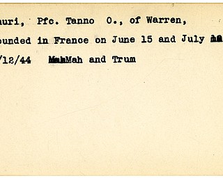 World War II, Vindicator, Tanno O. Luuri, Warren, wounded, France, 1944, Mahoning, Trumbull