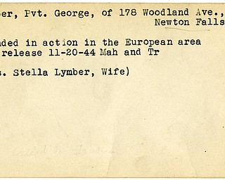 World War II, Vindicator, George Lymber, Newton Falls, wounded, Europe, 1944, Mahoning, Trumbull, Mrs. Stella Lymber