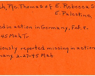 World War II, Vindicator, Thomas Lynch, East Palestine, missing, killed, Germany, 1945, Mahoning, Trumbull