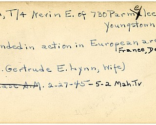 World War II, Vindicator, Nevin E. Lynn, Youngstown, wounded, Europe, France, 1945, Mahoning, Trumbull, Mrs. Gertrude E. Lynn
