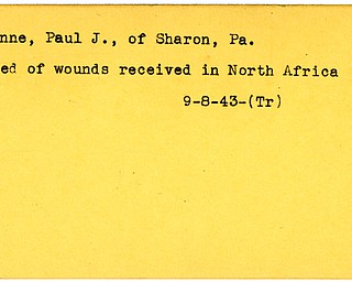 World War II, Vindicator, Paul J. Lynne, Sharon, Pennsylvania, died, wounded, North Africa, Killed, 1943, Trumbull