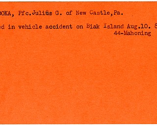 World War II, Vindicator, Julius G. Lyskooka, New Castle, Pennsylvania, killed, vehicle accident, Biak Island, 1944, Mahoning