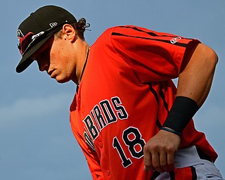 NILES, OHIO - JULY 30, 2019: Aberdeen's Craig Lewis leaves the dugout in the first inning of their game, Tuesday night at Eastwood Field. DAVID DERMER | THE VINDICATOR