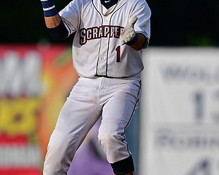 NILES, OHIO - JULY 30, 2019: Scrappers' Bryan Lavastida celebrates after hitting a double in the first inning of their game, Tuesday night at Eastwood Field. DAVID DERMER | THE VINDICATOR