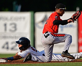 NILES, OHIO - JULY 30, 2019: Scrappers' Joab Gonzalez steals second base beating a tag from Aberdeen's Joey Ortiz in the second inning of their game, Tuesday night at Eastwood Field. DAVID DERMER | THE VINDICATOR