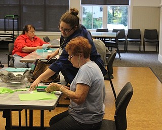 Neighbors | Abby Slanker.Adult Librarian Assistant Taylor Swan helped a participant make a hand-sewn pouch for electronics on July 24.