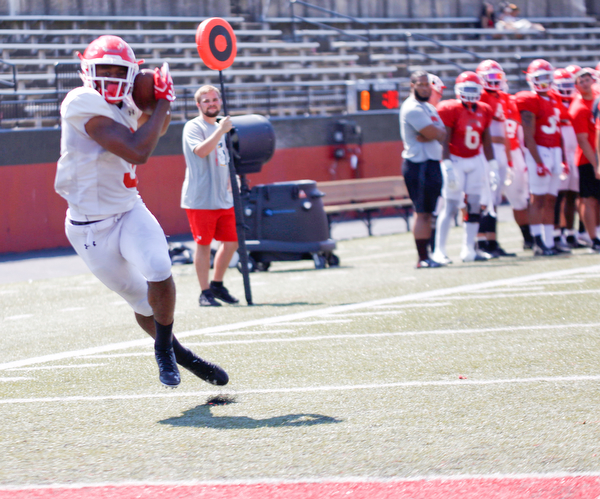 Braxton Chapman catches a pass during YSU's scrimmage Saturday morning at Stambaugh Stadium. EMILY MATTHEWS | THE VINDICATOR