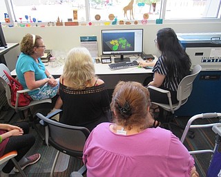 Neighbors | Jessica Harker .Librarian Hannah Matulek showed community members how to resize and scale their pendants before printing them using the 3D printer July 10 at the Michael Kusalaba library.