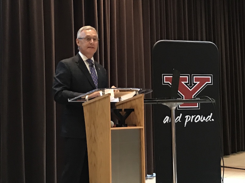 Youngstown State University President Jim Tressel delivers his annual State of the University address this morning, in the Chestnut Room of Kilcawley Center.