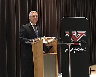Youngstown State University President Jim Tressel delivers his annual State of the University address this morning, in the Chestnut Room of Kilcawley Center.