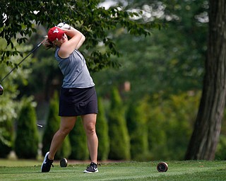 Angela Molaskey drives the ball during the final day of the Greatest Golfer tournament at the Lake Club on Sunday. EMILY MATTHEWS | THE VINDICATOR