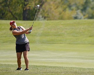 Angela Molaskey hits the ball during the final day of the Greatest Golfer tournament at the Lake Club on Sunday. EMILY MATTHEWS | THE VINDICATOR