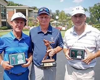 Seniors 12+ Division first place finisher Fred Fisher, center, with a final score of 234, second place finisher Tim Russo, left, with a final score of 243, and third place finisher Paul Marovich, with a final score of 246. EMILY MATTHEWS | THE VINDICATOR