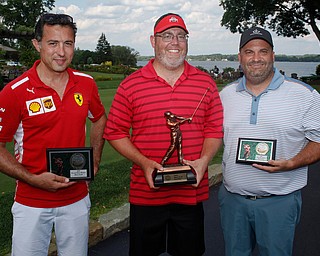 Men's 16-20 Handicap Division first place finisher Daniel Horacek, center, with a final score of 256, second place finisher Adrian Amedia, left, with a final score of 257, and third place finisher Joe Fanto, with a final score of 259. EMILY MATTHEWS | THE VINDICATOR