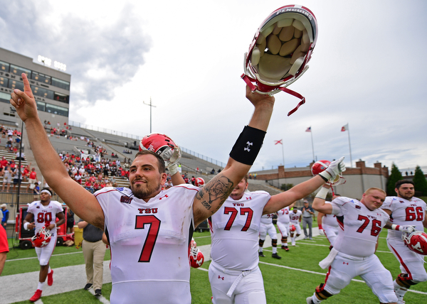 MONTGOMERY, ALABAMA - AUGUST 24, 2019: Youngstown State's Nathan Mays celebrates after defatting Samford, Saturday afternoon. DAVID DERMER | THE VINDICATOR