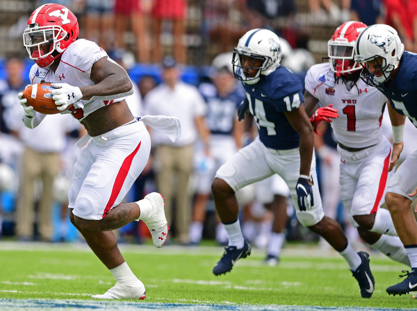MONTGOMERY, ALABAMA - AUGUST 24, 2019: Youngstown State's Cash Mitchell runs into the end zone to score a touchdown after recovering a fumble during the first half of their game, Saturday afternoon. DAVID DERMER | THE VINDICATOR