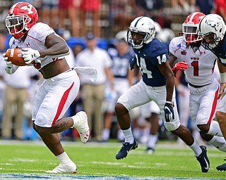 MONTGOMERY, ALABAMA - AUGUST 24, 2019: Youngstown State's Cash Mitchell runs into the end zone to score a touchdown after recovering a fumble during the first half of their game, Saturday afternoon. DAVID DERMER | THE VINDICATOR