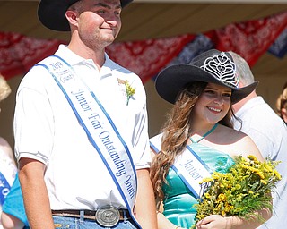 Thomas Kemp, of West Branch, left, and Sydney Lewis, of Canfield, stand on stage after being named this year's Outstanding Youth during the Mahoning County Junior Fair Youth Day Ceremony on Thursday. EMILY MATTHEWS | THE VINDICATOR